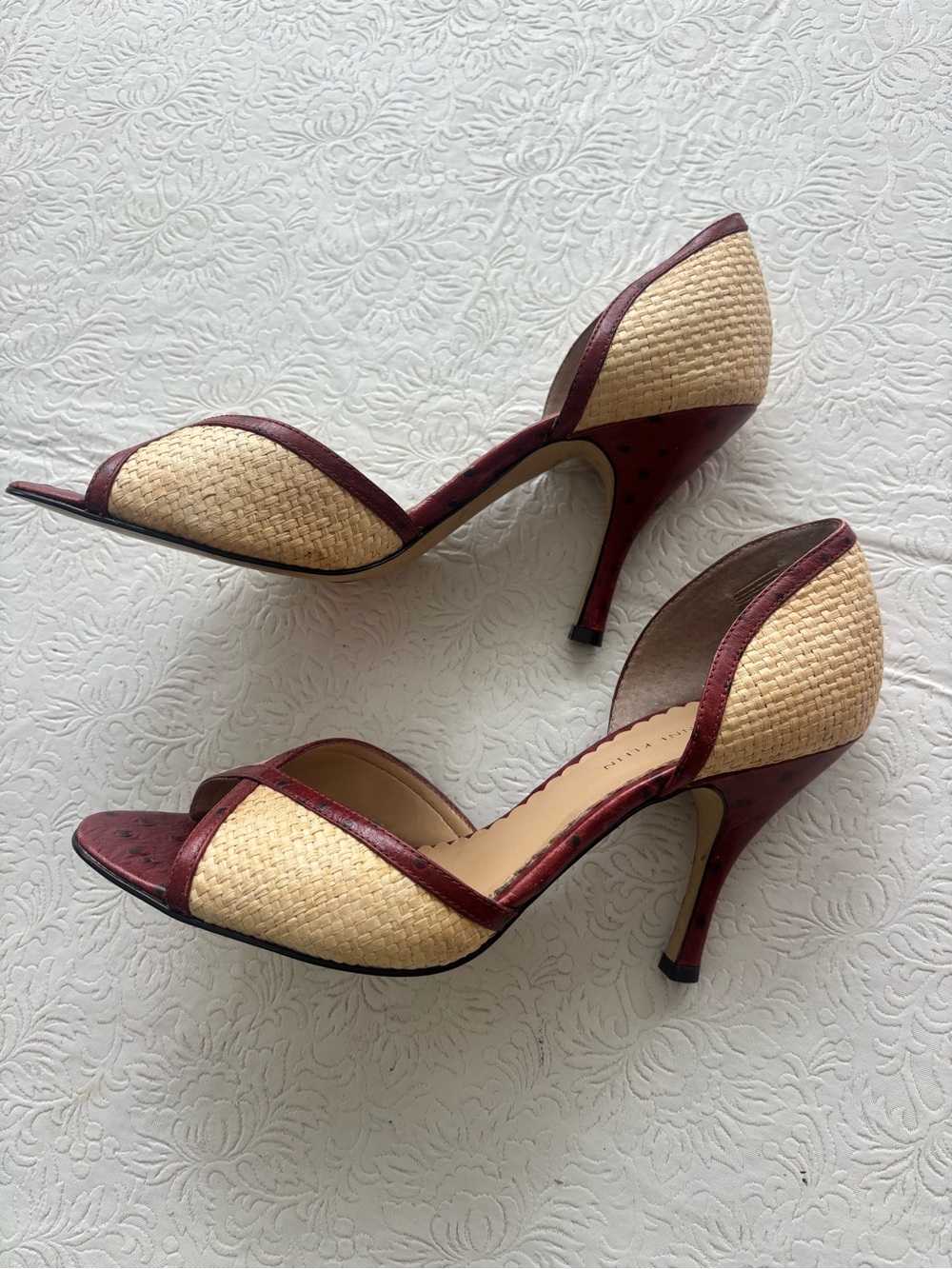 Anne Klein Mama Emim Beige Woven D'Orsay Heels w/Burgundy/Polka Dot Trim, Size 8